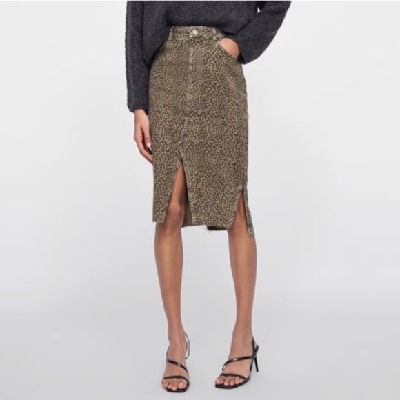 ZARA DENIM Leopard Print Midi Skirt - Picture 1 of 6